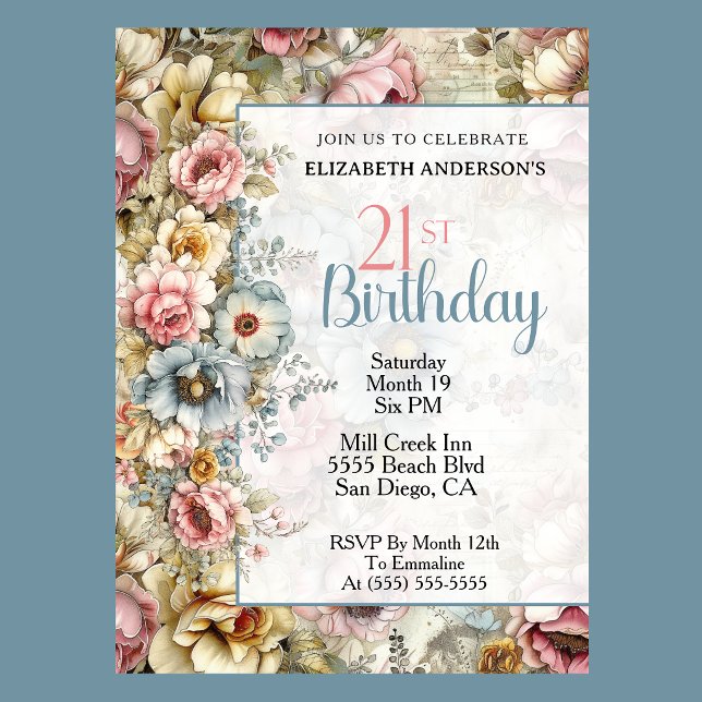 Pretty Floral Collage 21st Birthday Invitation (Elegant pastel floral 21st birthday invitation with vintage flowers and soft blue accents
)