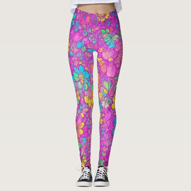 Pretty Floral Colourful Pink Boho Hippie Pattern Leggings (Front)