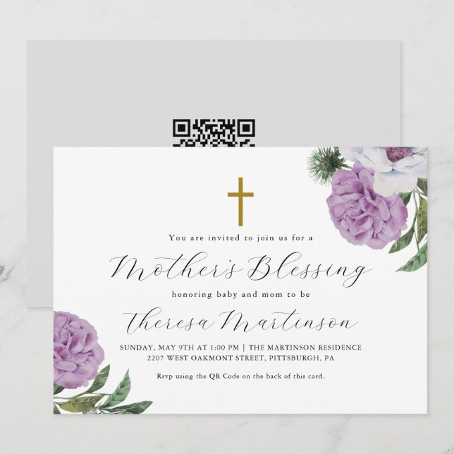 Pretty Floral Cross Mother's Blessing QR Code Rsvp Invitation (Front/Back)