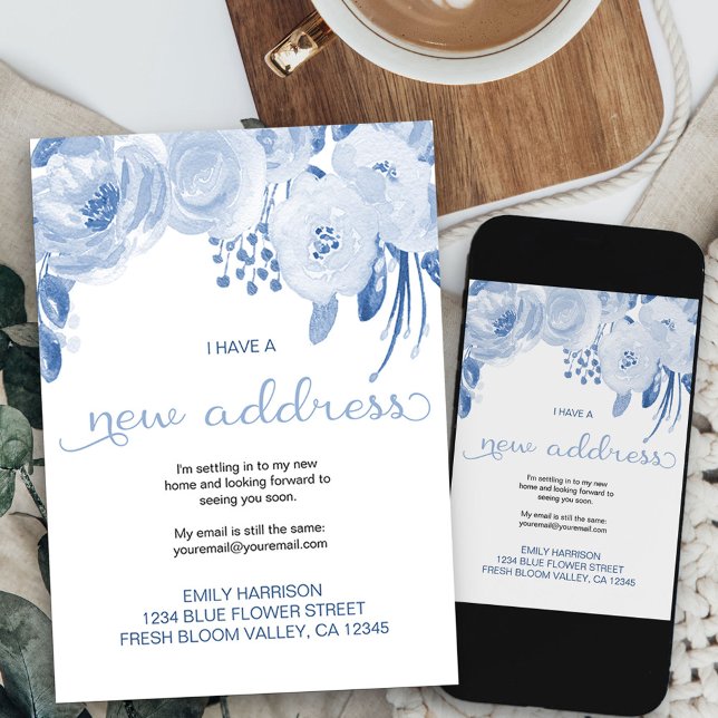 Pretty Floral Dusty Blue New Address Moving Announcement (dusty blue flowers new address card available printed or as printable digital download)
