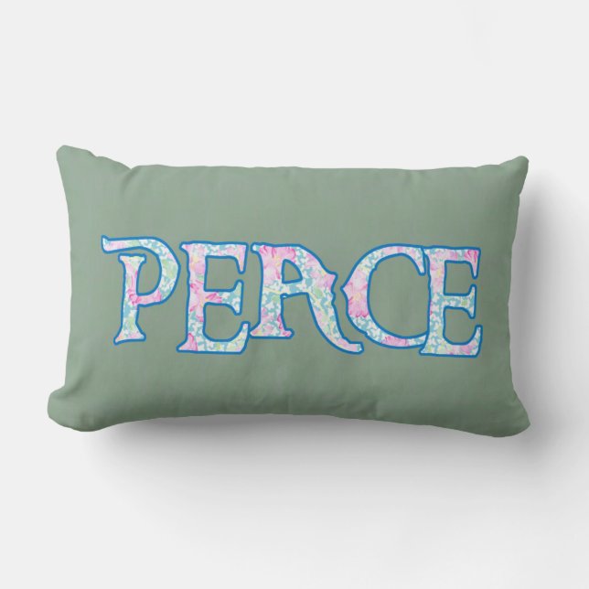 Pretty Floral Faux Applique Peace Text Design Lumbar Pillow (Front)
