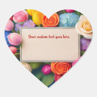 Pretty Floral Framed Roses Tulips Hydrangea Custom Heart Sticker