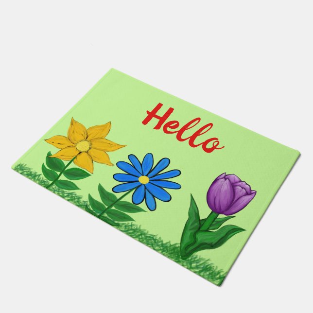 Pretty Floral Garden Green Door Mat (Angled)