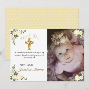 Pretty Floral Gold Cross Baptism Photo Thank You Card