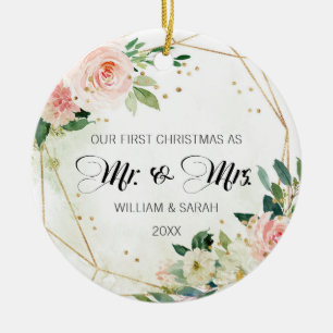 Pretty Floral & Gold Watercolor First Christmas Ceramic Ornament