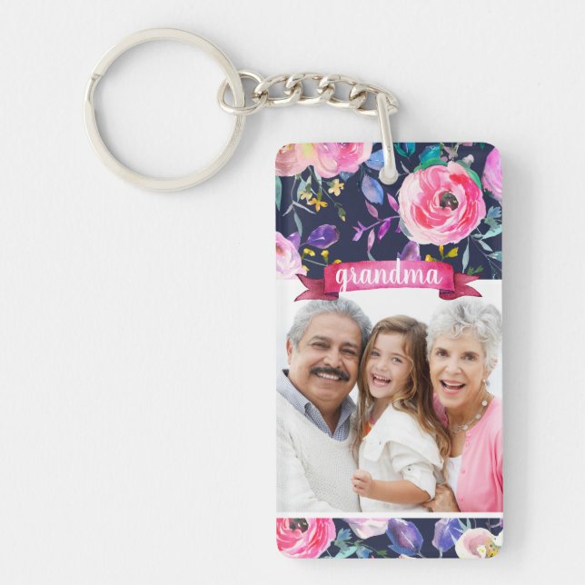 Pretty Floral Grandma Photo Keychain (Front)