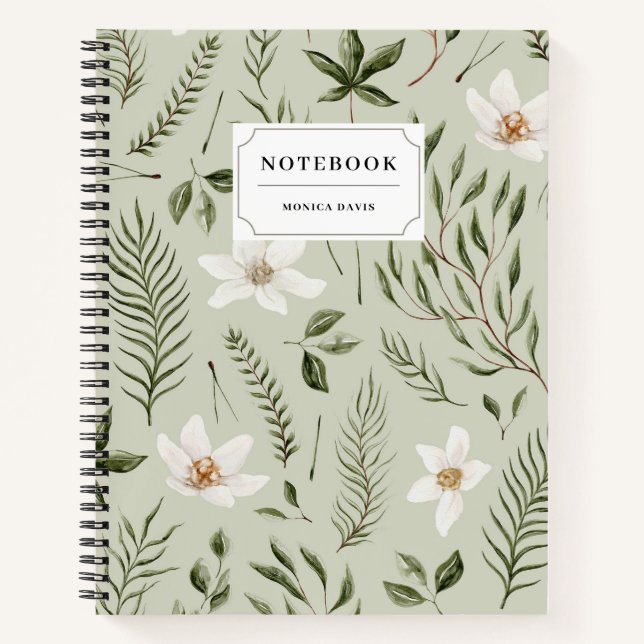 Pretty Floral Green Gold White Botanical Pattern Notebook (Front)