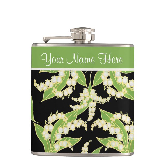 Pretty Floral Hip Flask: Lily of the Valley, Black Hip Flask (Front)