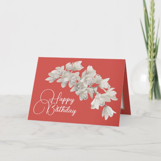 Pretty Floral Modern Orchid Flower Orange Birthday Card (Front)