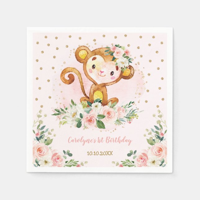 Pretty Floral Monkey Baby Shower Wild One Birthday Napkin (Front)