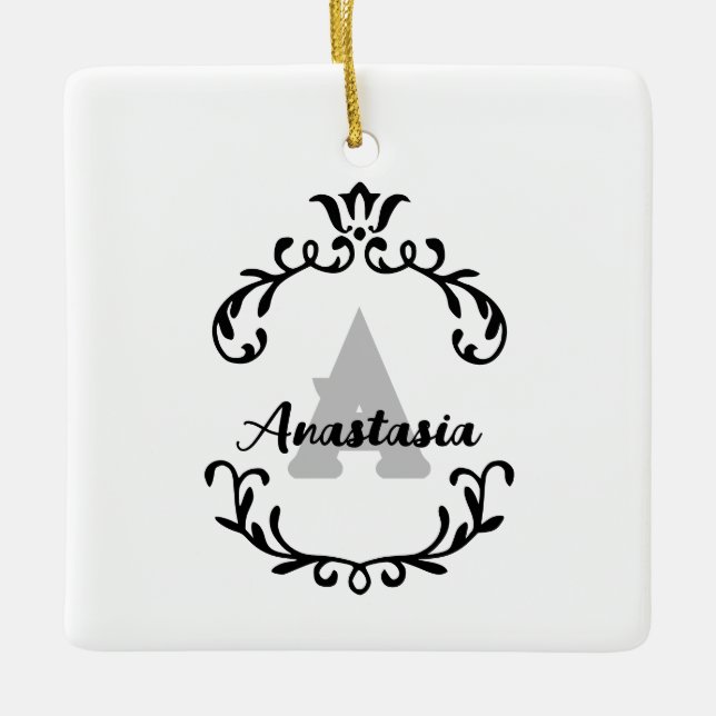 Pretty Floral Monogram & Name  Ceramic Ornament (Front)