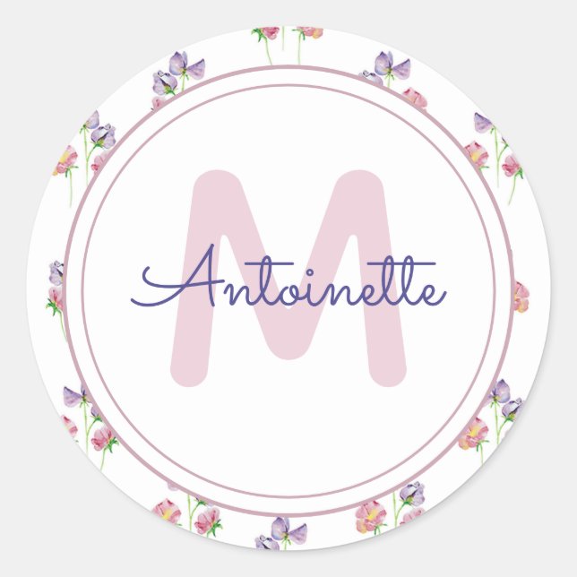 Pretty Floral Monogram Pink Lavender Custom Name Classic Round Sticker (Front)