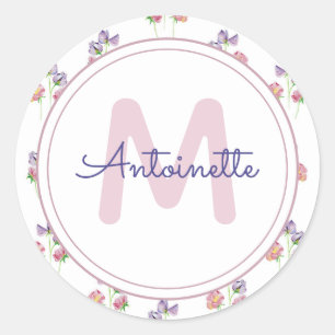 Pretty Floral Monogram Pink Lavender Custom Name Classic Round Sticker