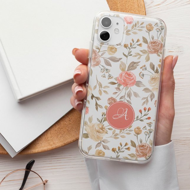 Pretty floral monogrammed pastel peach boho Case-Mate iPhone case (Creator Uploaded)