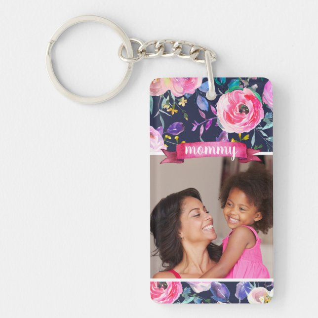 Pretty Floral Mother's Day Photo Keychain (Front)