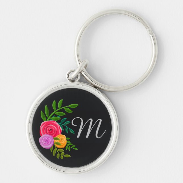 Pretty Floral on Chalkboard Monogrammed Keychain (Front)