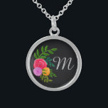 Pretty Floral on Chalkboard Monogrammed Sterling Silver Necklace<br><div class="desc">Simple and elegant watercolor floral on chalkboard black personalised with initial.</div>