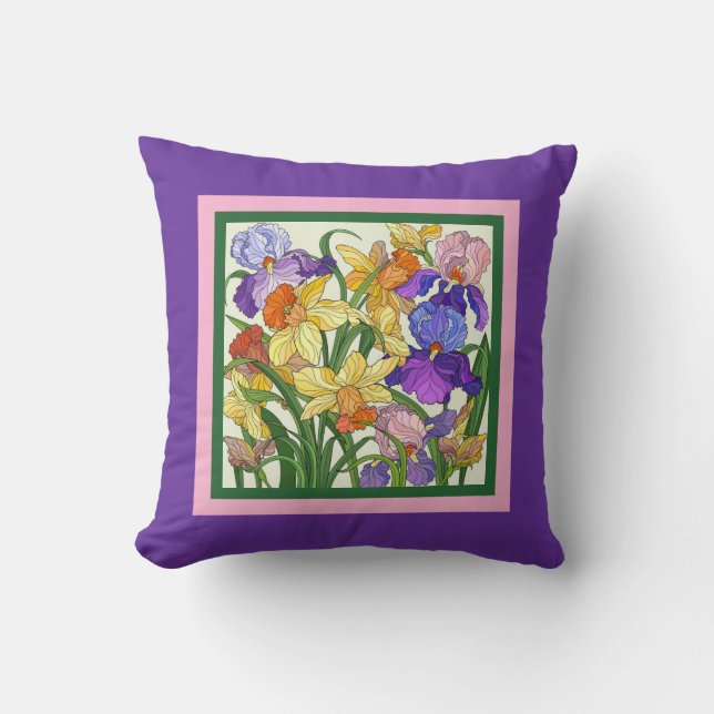 Pretty floral, painted irises on purple throw pillow (Front)