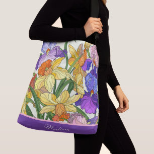 Pretty floral, painted irises, personalized crossbody bag