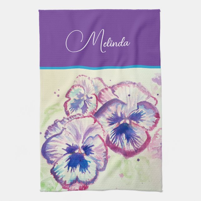 Pretty Floral Pastel Pansy Purple Watercolor  Kitchen Towel (Vertical)