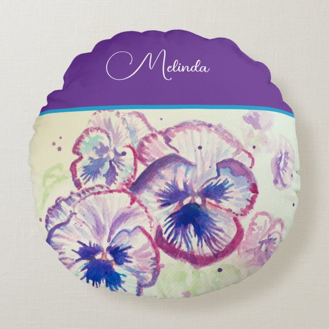 Pretty Floral Pastel Pansy Purple Watercolor  Round Pillow (Front)