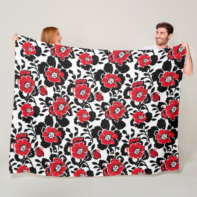 Pretty Floral Pattern in Red, Black and White Fleece Blanket (In Situ)