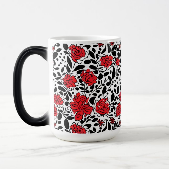 Pretty Floral Pattern in Red, Black and White Magic Mug (Left)