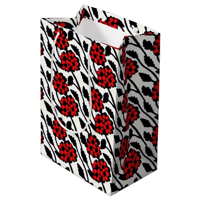 Pretty Floral Pattern in Red, Black and White Medium Gift Bag (Back Angled)