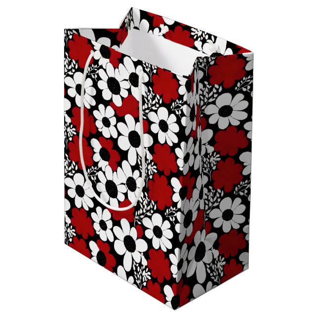 Pretty Floral Pattern in Red, Black and White Medium Gift Bag (Back Angled)