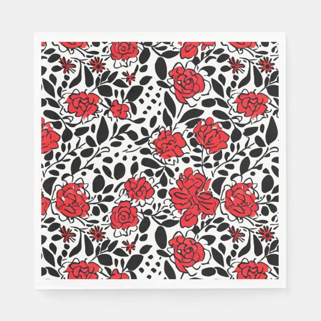 Pretty Floral Pattern in Red, Black and White Napkin (Front)