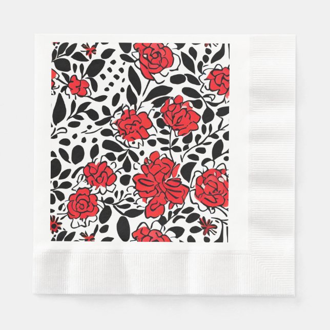 Pretty Floral Pattern in Red, Black and White Napkin (Front)