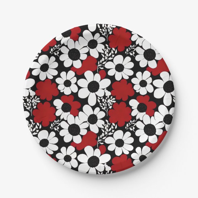 Pretty Floral Pattern in Red, Black and White Paper Plate (Front)