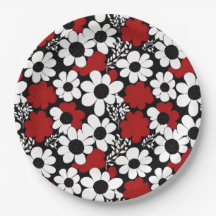 Pretty Floral Pattern in Red, Black and White Paper Plate