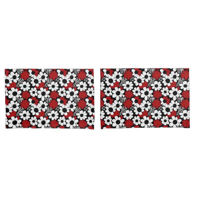 Pretty Floral Pattern in Red, Black and White Pillowcase (Front-Set)