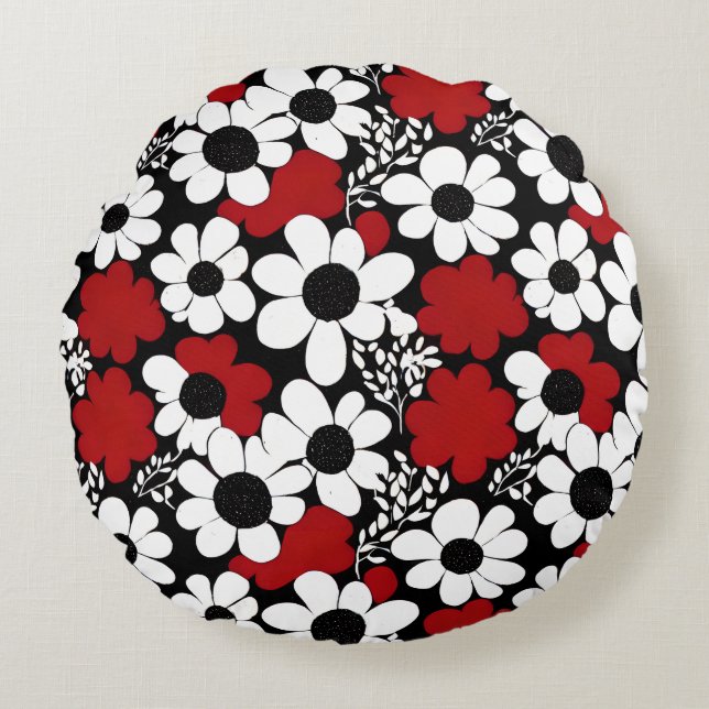 Pretty Floral Pattern in Red, Black and White Round Pillow (Front)