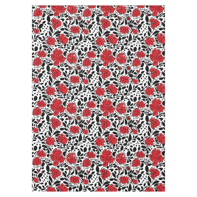 Pretty Floral Pattern in Red, Black and White Tablecloth (Front)