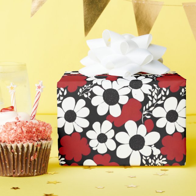 Pretty Floral Pattern in Red, Black and White Wrapping Paper (Birthday Party)
