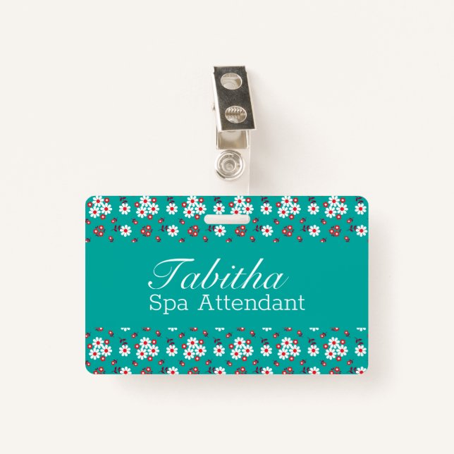 Pretty Floral Pattern on Aqua  Badge (Front with Clip)