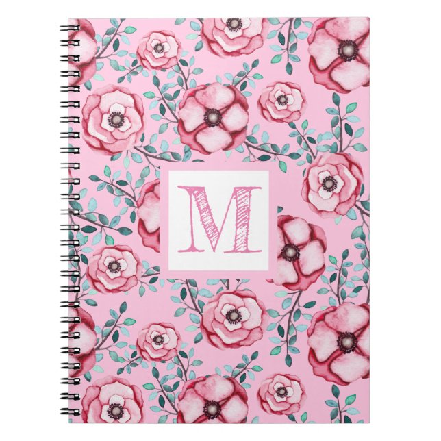 Pretty Floral Pattern Pink Monogram  Notebook (Front)