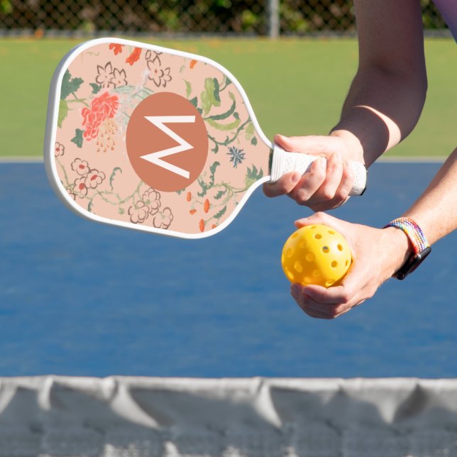 Pretty Floral Pattern Terracotta Monogram Pickleball Paddle (Insitu)