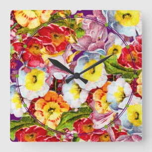 Pretty Floral Pattern Vintage Girly Teal Primrose Square Wall Clock