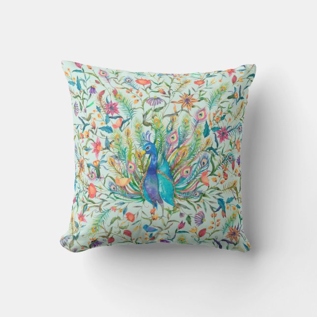 Pretty Floral  Peacock  Throw Pillow (Front)