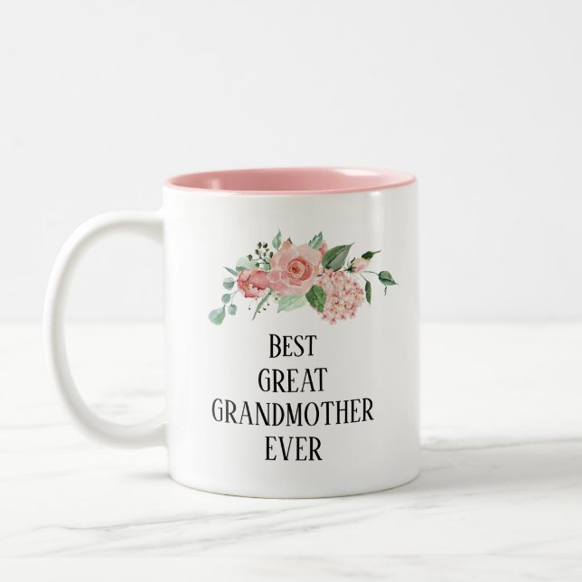Pretty floral Personalised Best  Great Grandmother Two-Tone Coffee Mug (Left)