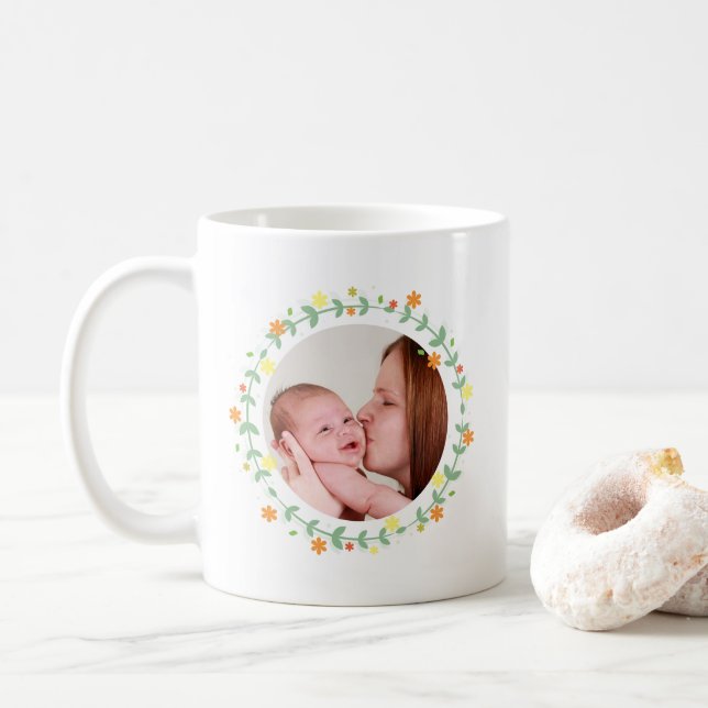 Pretty Floral Personalised Monogram Custom Photo Coffee Mug (With Donut)