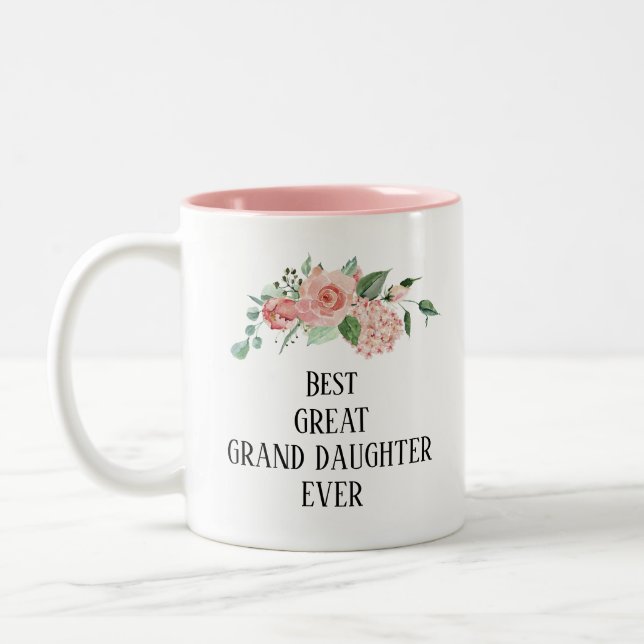 Pretty floral Personalized Great granddaughter  Two-Tone Coffee Mug (Left)