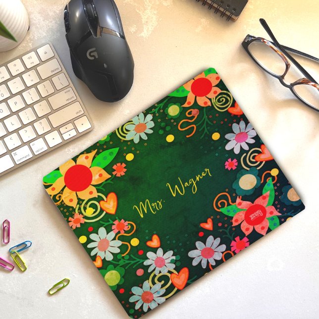 Pretty Floral Personalized Green Teacher Mousepad (Creator Uploaded)