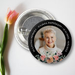 Pretty Floral Photo Memorial Keepsake Funeral 1 Inch Round Button<br><div class="desc">Honour your loved one with this beautiful button featuring a photo highlighted by a bouquet of pretty watercolor flowers.  Add your custom text to personalize.  Easily change the background colour to suit your needs. The perfect keepsake memory to hand out to family and friends.</div>