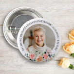 Pretty Floral Photo Memorial Keepsake Funeral 1 Inch Round Button<br><div class="desc">Honour your loved one with this beautiful button featuring a photo highlighted by a bouquet of pretty watercolor flowers.  Add your custom text to personalize.  Easily change the background colour to suit your needs. The perfect keepsake memory to hand out to family and friends.</div>