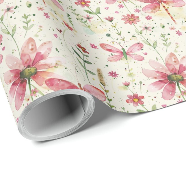 Pretty Floral Pink Dragonfly Gift Wrapping Paper (Roll Corner)