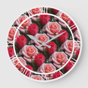 Pretty Floral Pink Red Roses Pattern Large Wall Clock